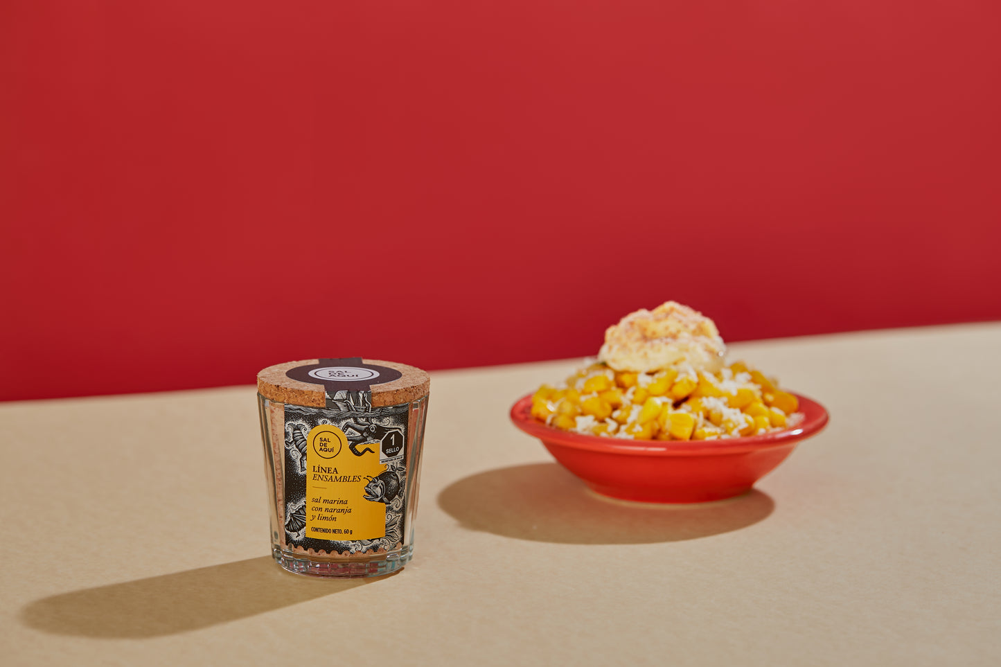 
                  
                    Sal marina naranja limón Sal de Aquí 60g con esquite – condimento artesanal mexicano para elote botanas y antojitos gourmet
                  
                
