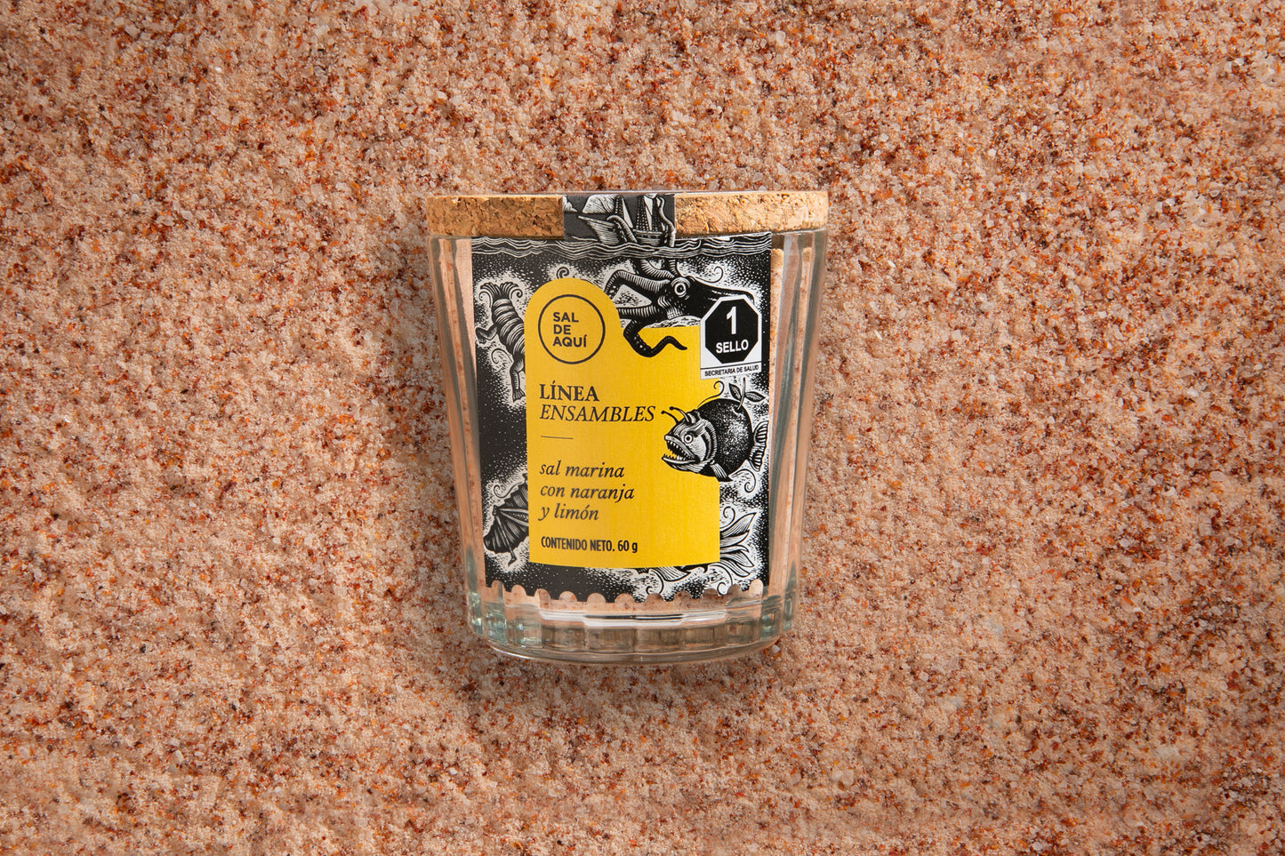 Sal marina con naranja y limón Sal de Aquí 60g línea ensambles – condimento artesanal mexicano para frutas botanas y cocteles rico en vitamina C