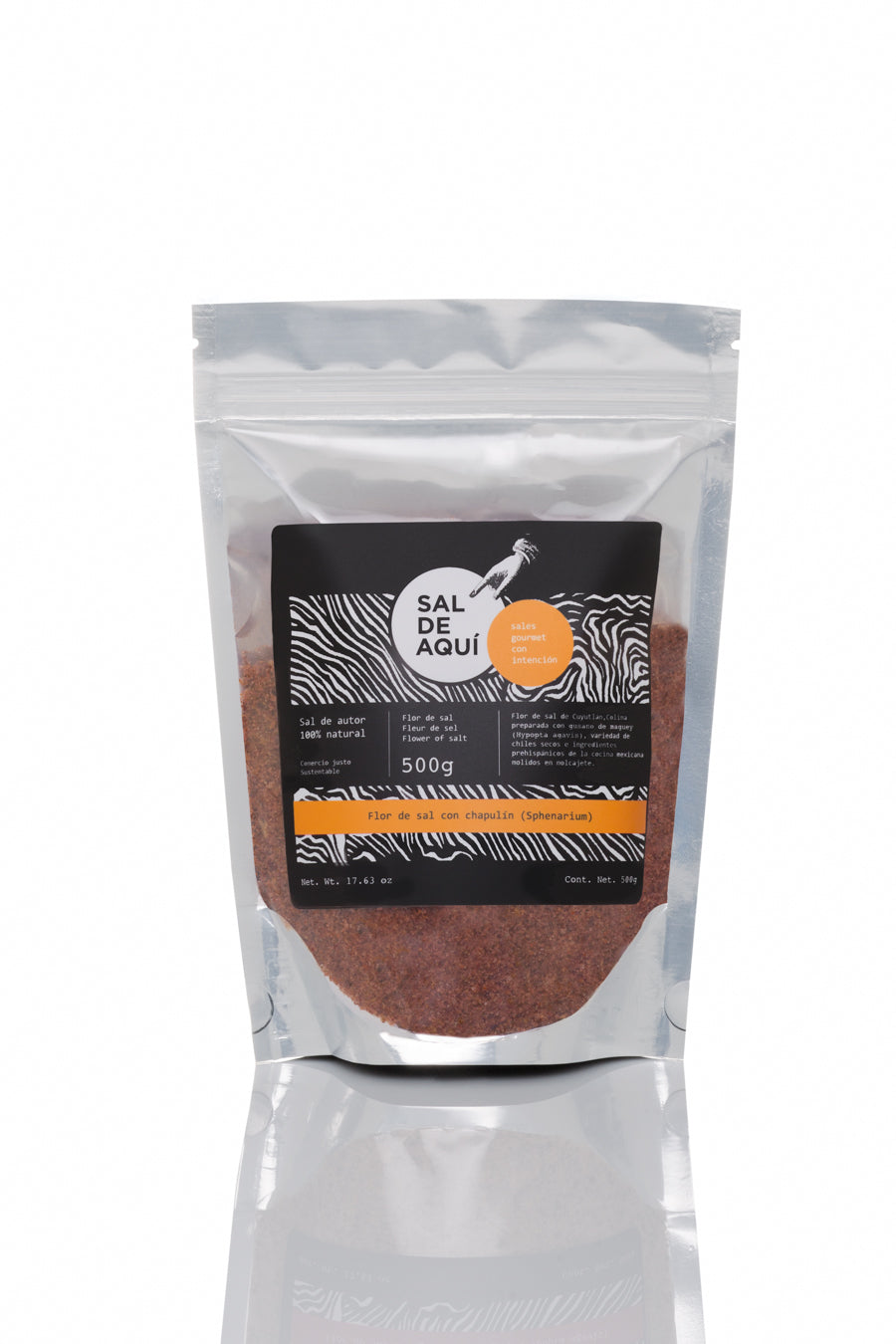 
                  
                    Pouch 500g Flor de sal con chapulín Sal de Aquí presentación – sal artesanal mexicana condimento prehispánico
                  
                
