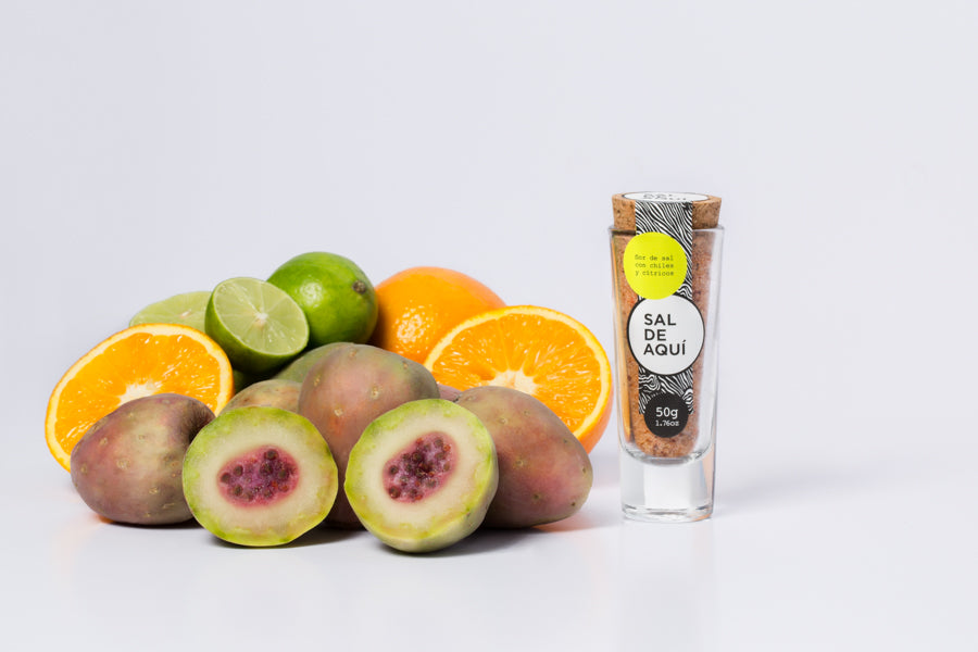 
                  
                    Flor de sal con chiles y cítricos Sal de Aquí con naranja, kiwi y limón – sal gourmet mexicana ideal para frutas y botanas
                  
                
