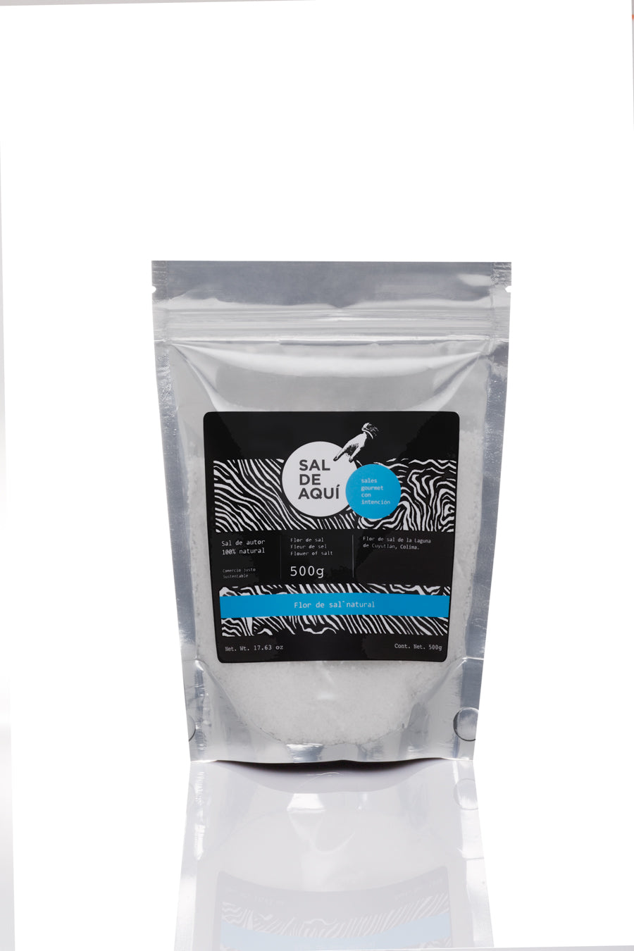 
                  
                    Flor de sal natural Sal de Aquí presentación pouch 500g – flor de sal artesanal baja en sodio sin químicos ni preservativos.
                  
                